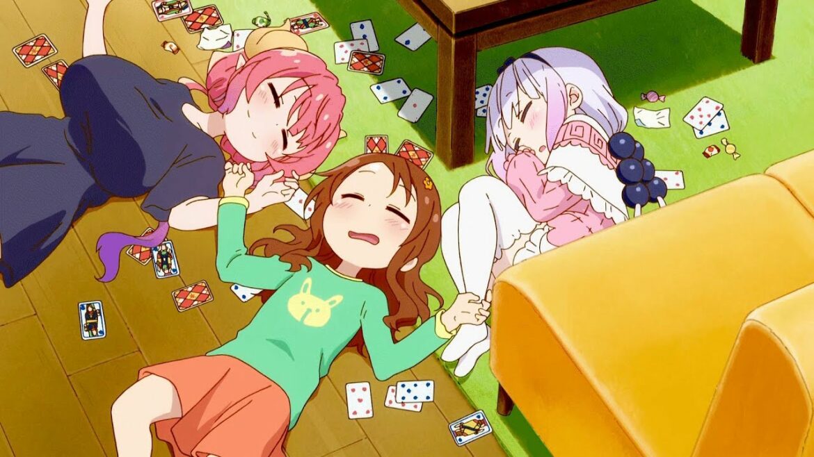 小林さんちのメイドラゴンS カンナ、才川 リコとイルルはトランプをした後、眠りに落ちました Miss Kobayashi's Dragon Maid S