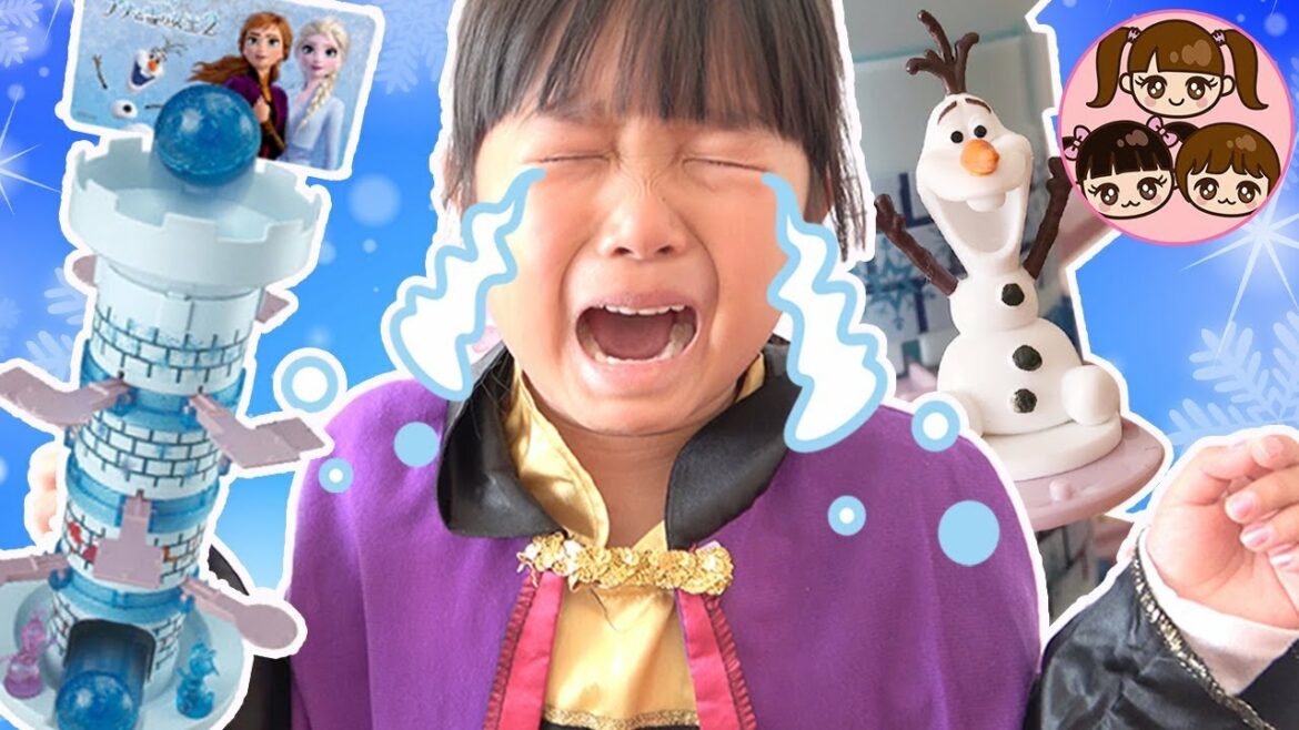 まりちゃん大号泣! アナと雪の女王2 ぶっ飛び!タワーゲームでえーーん! だれが1位になるのかな? パックンチョをゲットできるかな? 3人きょうだい スパイダーマンパパ