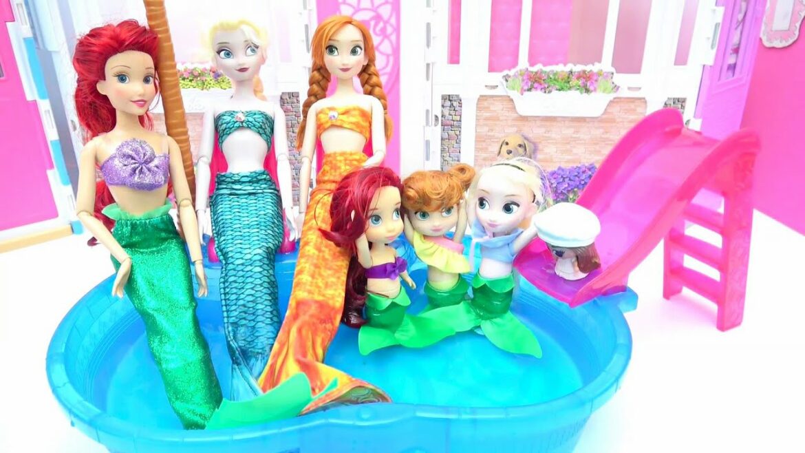アナと雪の女王 プリンセスが人魚に変身★着せ替えごっこ プールでマーメイド プリンセスに大変身 ✨ 人魚 手作り工作 DIY❤️ Barbie Dolls Mermaid Crafts