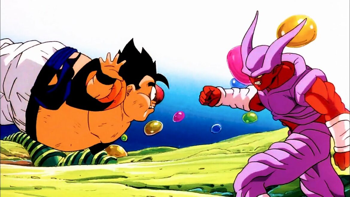 悟空はベジータと融合し惨めに「ベクウ」を形成することに失敗します、ジャネンバがフルパワーエネルギー波でベクウを破る