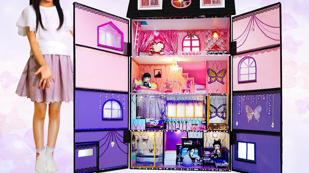 【鬼滅の刃】リカちゃん❤️胡蝶しのぶ、栗花落カナヲ、胡蝶カナエのミニチュアドールハウスをDIY😃胡蝶三姉妹の大きなお部屋を手作り工作✨エレベーター付きの鬼滅マンション🍭