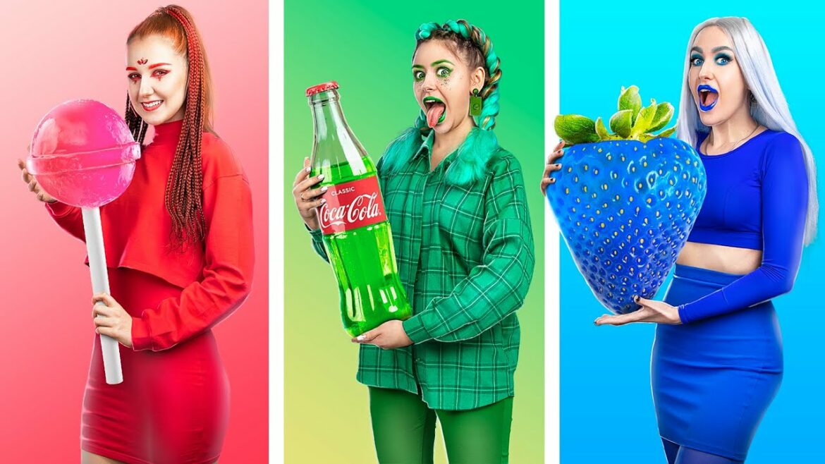 Red vs Green vs Blue Color Challenge! Everything In One Color For 24 Hours