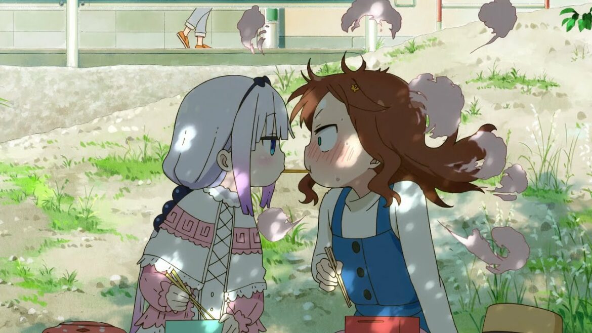 小林さんちのメイドラゴン | 可愛らしいベビードラゴンカンナのキスに興奮する才川 。Saikawa gets excited while kissing Kanna.