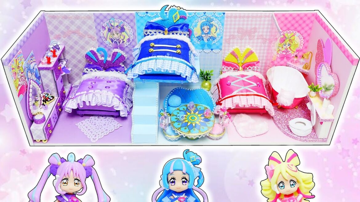 キミとアイドルプリキュア♪❤️お部屋を手作り✨️キュアキュンキュン、キュアウインク、キュアアイドルのドールハウス🌼リカちゃん人形サイズの小物リメイク変身DIY⭐️100円ショップ材料で工作