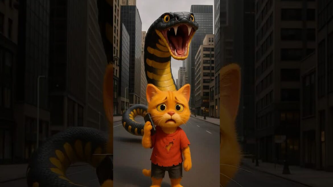 The poor cat rescues a giant pregnant snake in the middle of the city