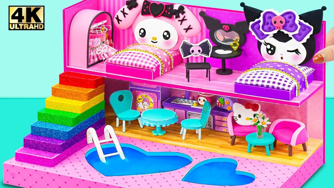 🎀 My Melody & Kuromi 💜 Build Cute Pink House with Double Heart Swimming Pool ❤️ DIY Miniature House