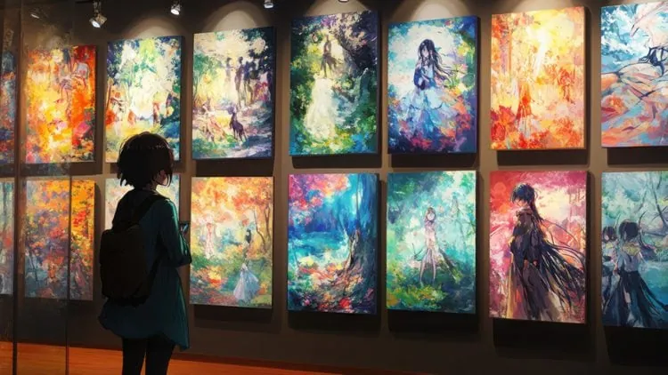Captivating anime art gallery characters enchanted by vivid pain