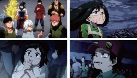 デクの母親（下左）や以前デクに助けられた少年・出水洸太（下右）をはじめ、一般市民たちも戦況を見守る。ヒーローたちは元の平和な日常を取り戻せるのか　（C）堀越耕平／集英社・僕のヒーローアカデミア製作委員会