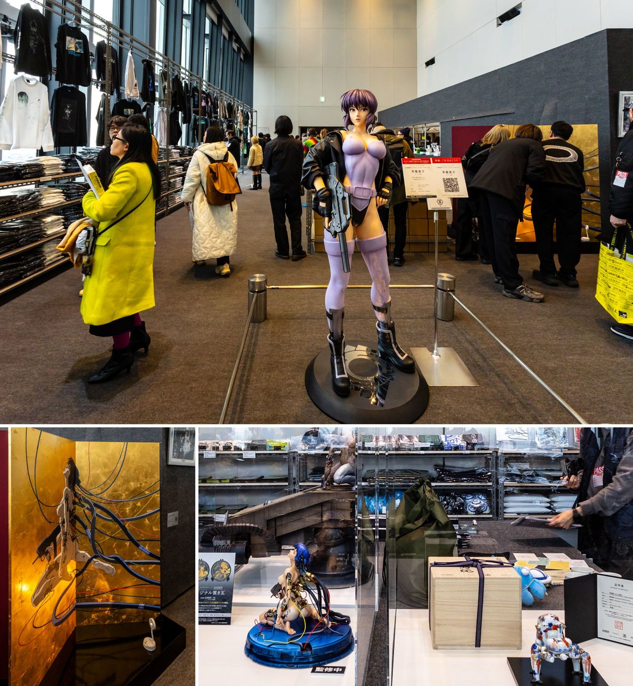 国内外のアーティストやブランドとのコラボアイテムが80種類以上。会場でお披露目した草薙素子1/1スケールスタチュー（上）は、50体限定の受注販売で132万円