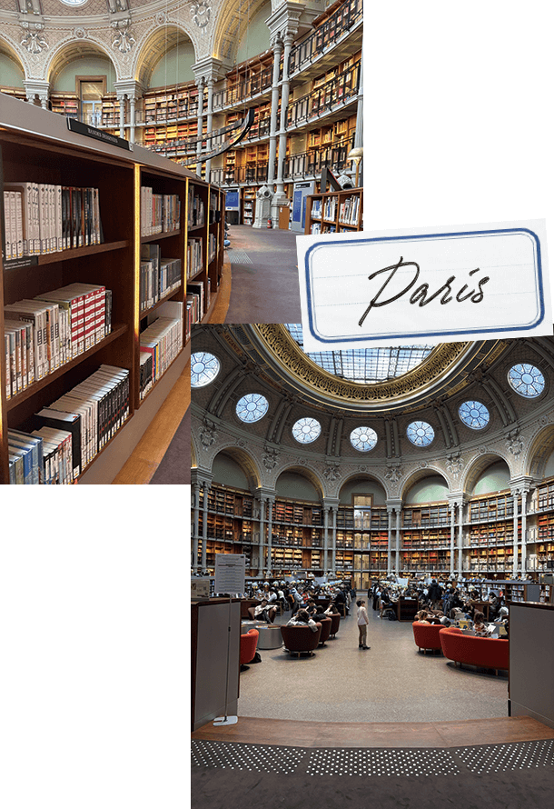 ▲オーバルルームの書棚に並ぶ漫画 ▼フランス国立図書館 リシュリュー館の閲覧室（オーバルルーム）