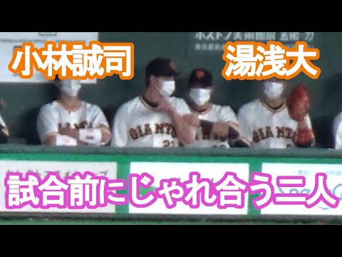 【小林誠司と湯浅大】ベンチでじゃれ合う仲の良い二人