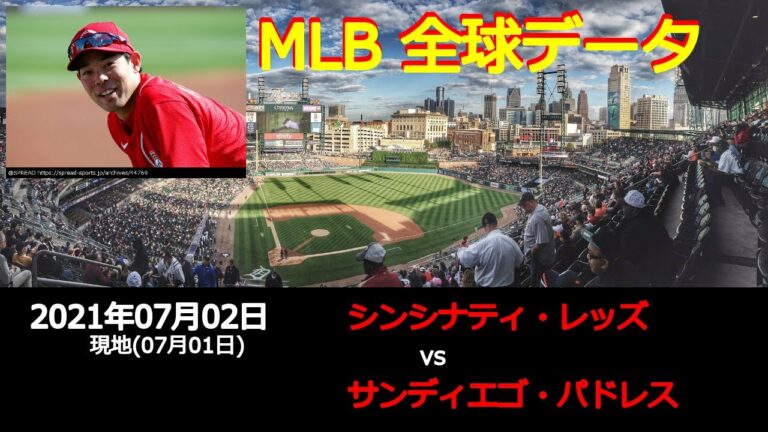 秋山 翔吾選手出場!!【全球データ】MLB 7月2日 シンシナティ・レッズ vs サンディエゴ・パドレス