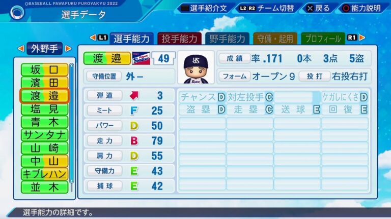 【パワプロ2022選手能力 / NPB Players Data】ヤクルト 49 渡邉大樹選手 Swallows Daiki Watanabe