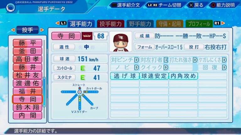 【パワプロ2022選手能力 / NPB Players Data】楽天 68 寺岡寛治選手 Eagles Kanji Teraoka