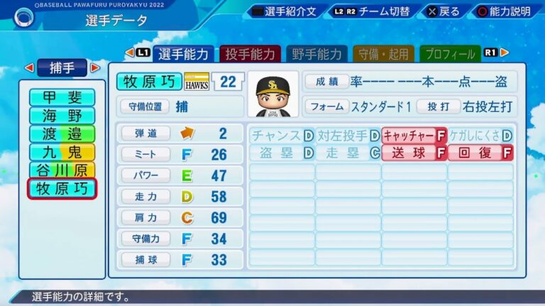 【パワプロ2022選手能力 / NPB Players Data】ソフトバンク 22 牧原巧汰選手 Hawks Kota Makihara