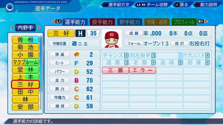 【パワプロ2022選手能力 / NPB Players Data】広島 35 三好匠選手 Carp Takumi Miyoshi