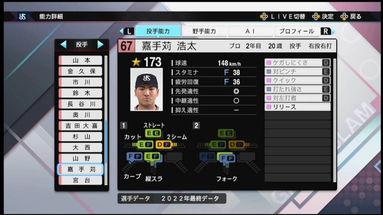 【プロスピ2022選手能力 / NPB PLAYER′S DATE】ヤクルト 67 嘉手苅浩太選手 SWALLOWS Kota Katekaru