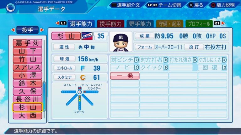 【パワプロ2022選手能力 / NPB Players Data】ヤクルト 35 杉山晃基選手 Swallows Koki Sugiyama