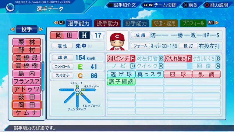 【パワプロ2022選手能力 / NPB Players Data】広島 17 岡田明丈選手 Carp Akitake Okada
