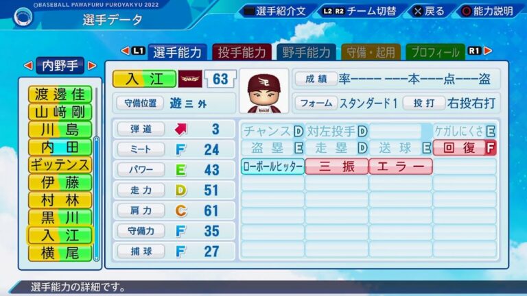 【パワプロ2022選手能力 / NPB Players Data】楽天 63 入江大樹選手 Eagles Daiki Irie
