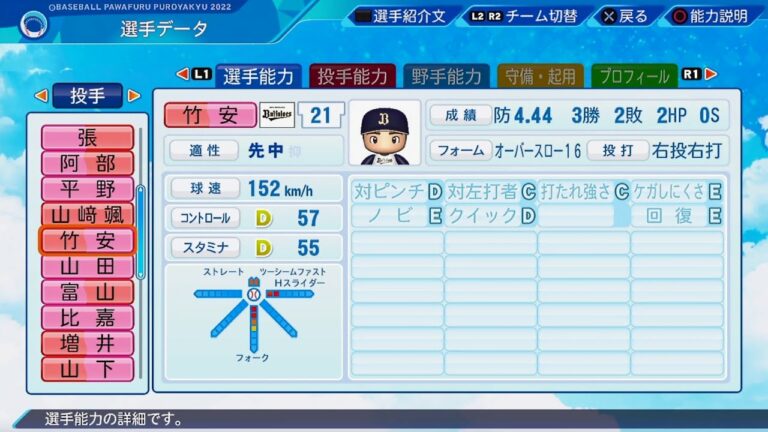 【パワプロ2022選手能力 / NPB Players Data】オリックス 21 竹安大知選手 OrixBuffaloes Daichi Takeyasu
