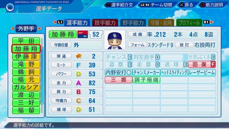 【パワプロ2022選手能力 / NPB Players Data】中日 52 加藤翔平選手 Dragons Shohei Katoh