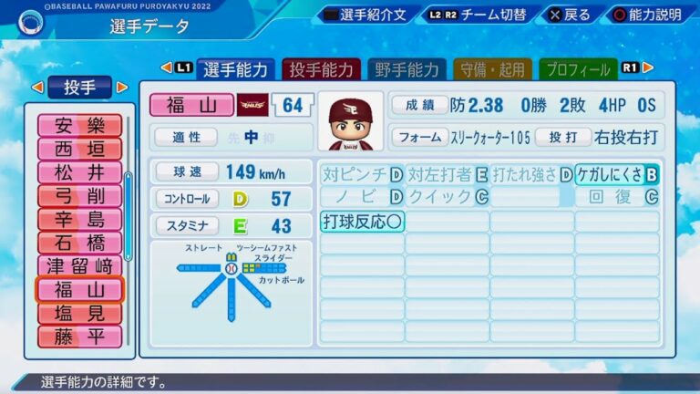 【パワプロ2022選手能力 / NPB Players Data】楽天 64 福山博之選手 Eagles Hiroyuki Fukuyama