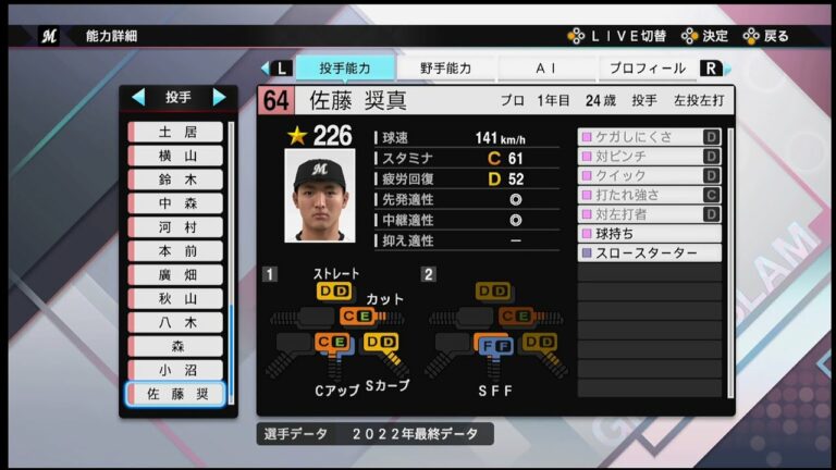 【プロスピ2022選手能力 / NPB PLAYER′S DATE】ロッテ 64 佐藤奨真選手 MARINES Shoma Satoh