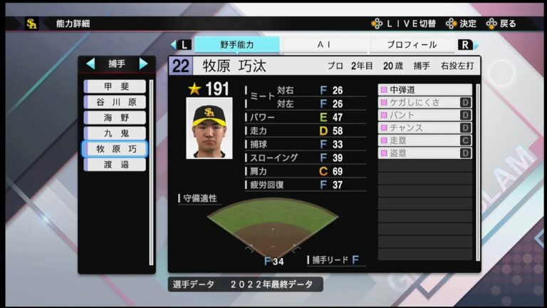 【プロスピ2022選手能力 / NPB PLAYER′S DATE】ソフトバンク 22 牧原巧汰選手 HAWKS Kota Makihara
