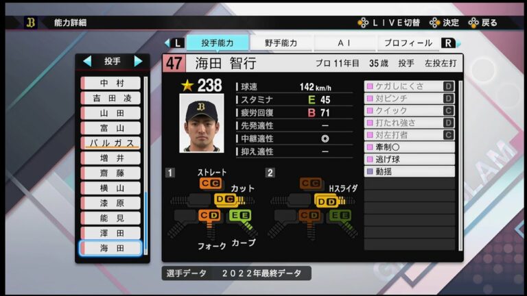 【プロスピ2022選手能力 / NPB PLAYER′S DATE】オリックス 47 海田智行選手 ORIX BUFFALOES Tomoyuki Kaida