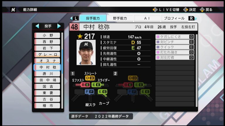 【プロスピ2022選手能力 / NPB PLAYER′S DATE】ロッテ 48 中村稔弥選手 MARINES Toshiya Nakamura
