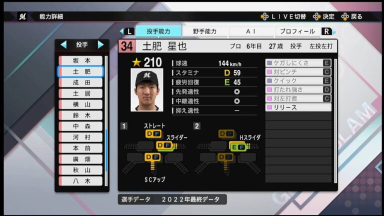 【プロスピ2022選手能力 / NPB PLAYER′S DATE】ロッテ 34 土肥星也選手 MARINES Seiya Dohi