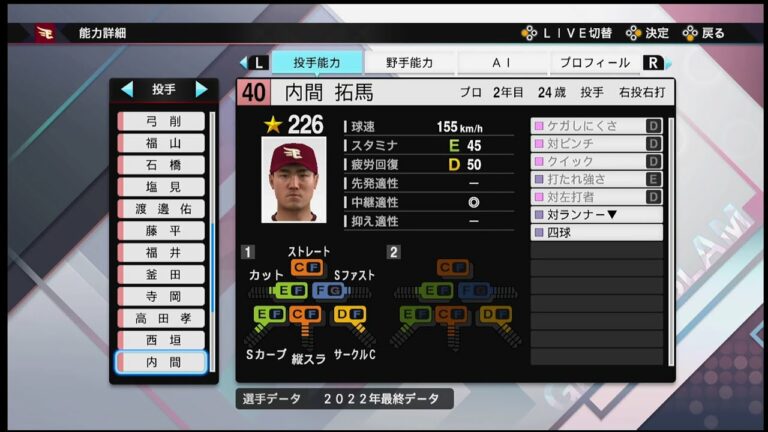 【プロスピ2022選手能力 / NPB PLAYER′S DATE】楽天 40 内間拓馬選手 EAGLES Takuma Uchima