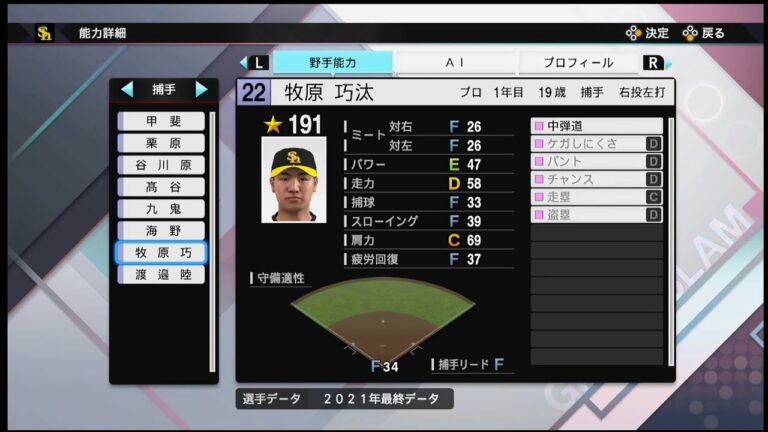 【プロスピ2021選手能力 / NPB PLAYER′S DATE】ソフトバンク 22 牧原巧汰選手 HAWKS Kota Makihara