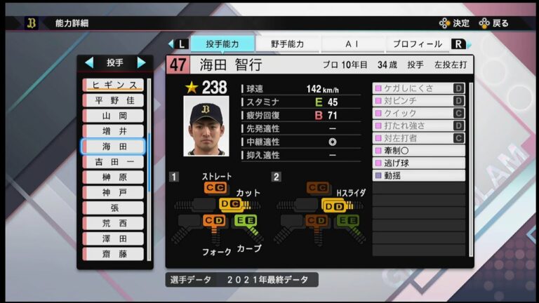 【プロスピ2021選手能力 / NPB PLAYER′S DATE】オリックス 47 海田智行選手 ORIX BUFFALOES Tomoyuki Kaida