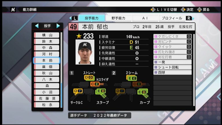 【プロスピ2022選手能力 / NPB PLAYER′S DATE】ロッテ 49 本前郁也選手 MARINES Fumiya Motomae
