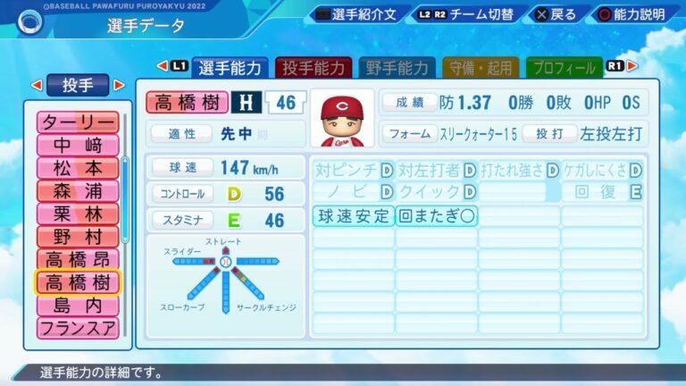 【パワプロ2022選手能力 / NPB Players Data】広島 46 高橋樹也選手 Carp Mikiya Takahashi