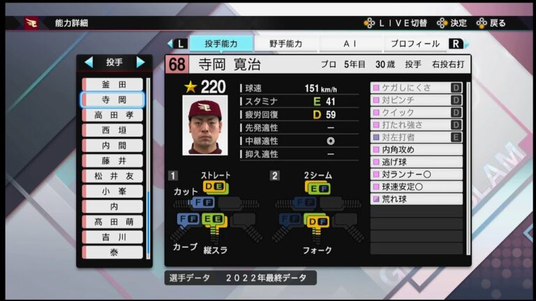 【プロスピ2022選手能力 / NPB PLAYER′S DATE】楽天 68 寺岡寛治選手 EAGLES Kanji Teraoka