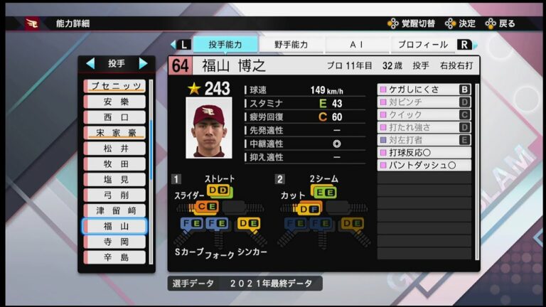 【プロスピ2021選手能力 / NPB PLAYER′S DATE】楽天 64 福山博之選手 EAGLES Hiroyuki Fukuyama