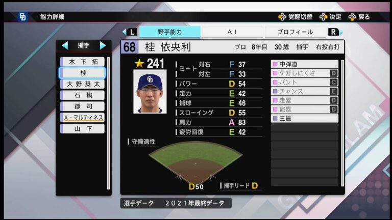 【プロスピ2021選手能力 / NPB PLAYER′S DATE】中日 68 桂依央利選手 DRAGONS Iori Katsura