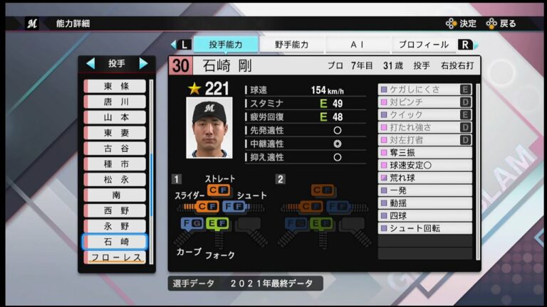 【プロスピ2021選手能力 / NPB PLAYER′S DATE】ロッテ 30 石崎剛選手  MARINES Tsuyoshi Ishizaki