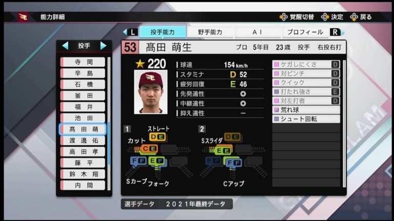 【プロスピ2021選手能力 / NPB PLAYER′S DATE】楽天 53 髙田萌生選手 EAGLES Hosei Takata