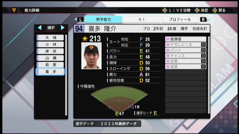 【プロスピ2022選手能力 / NPB PLAYER′S DATE】巨人 94 喜多隆介選手 GIANTS Ryusuke Kita