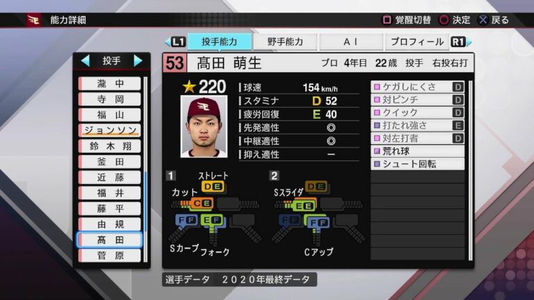 【プロスピ2020選手能力 / NPB PLAYER'S DATE】楽天 53 髙田萌生選手 EAGLES HOSEI TAKATA