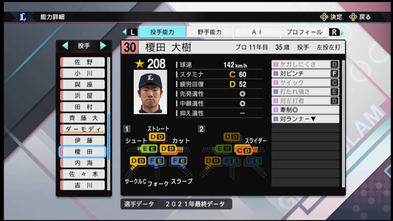 【プロスピ2021選手能力 / NPB PLAYER′S DATE】西武 30 榎田大樹選手 LIONS Daiki Enokida