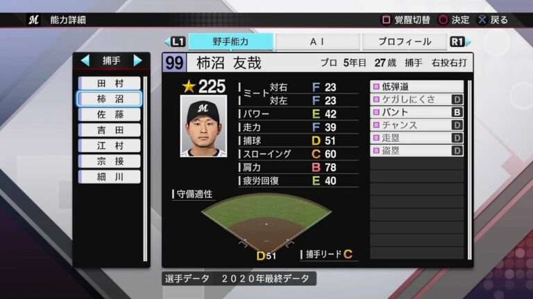 【プロスピ2020選手能力 / NPB PLAYER'S DATE】ロッテ 99 柿沼友哉選手 MARINES TOMOYA KAKINUMA