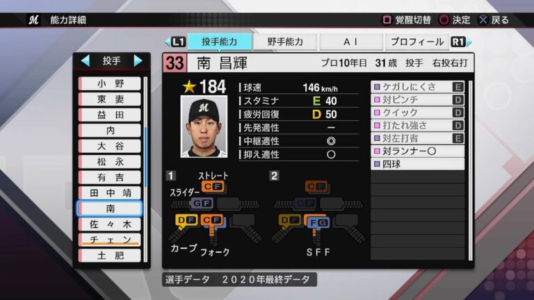 【プロスピ2020選手能力 / NPB PLAYER'S DATE】ロッテ 33 南昌輝選手 MARINES MASAKI MINAMI