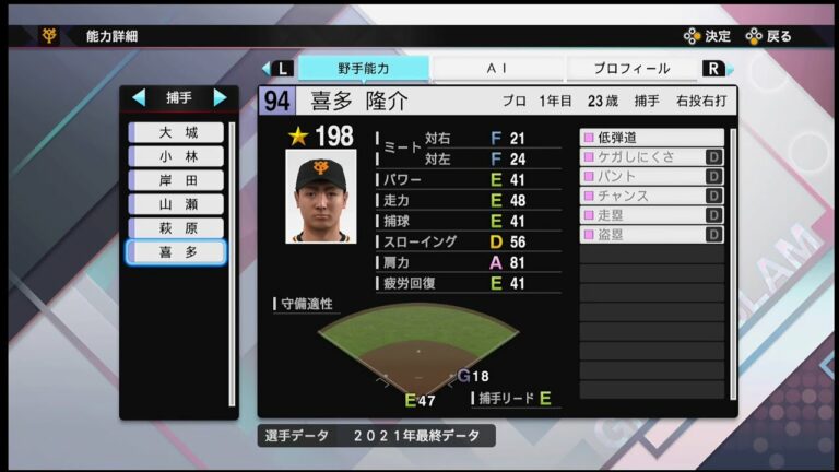 【プロスピ2021選手能力 / NPB PLAYER′S DATE】巨人 94 喜多隆介選手 GIANTS Ryusuke Kita