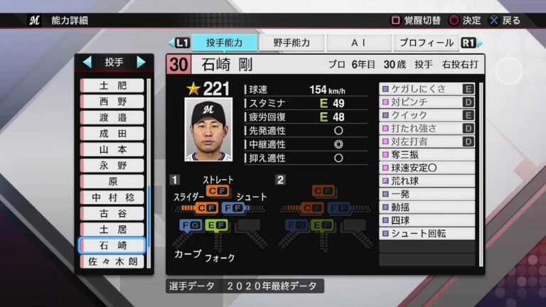 【プロスピ2020選手能力 / NPB PLAYER'S DATE】ロッテ 30 石崎剛選手 MARINES TSUYOSHI ISHIZAKI