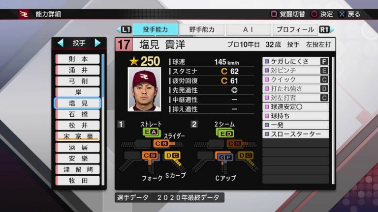 【プロスピ2020選手能力 / NPB PLAYER'S DATE】楽天 17 塩見貴洋選手 EAGLES TAKAHIRO SHIOMI